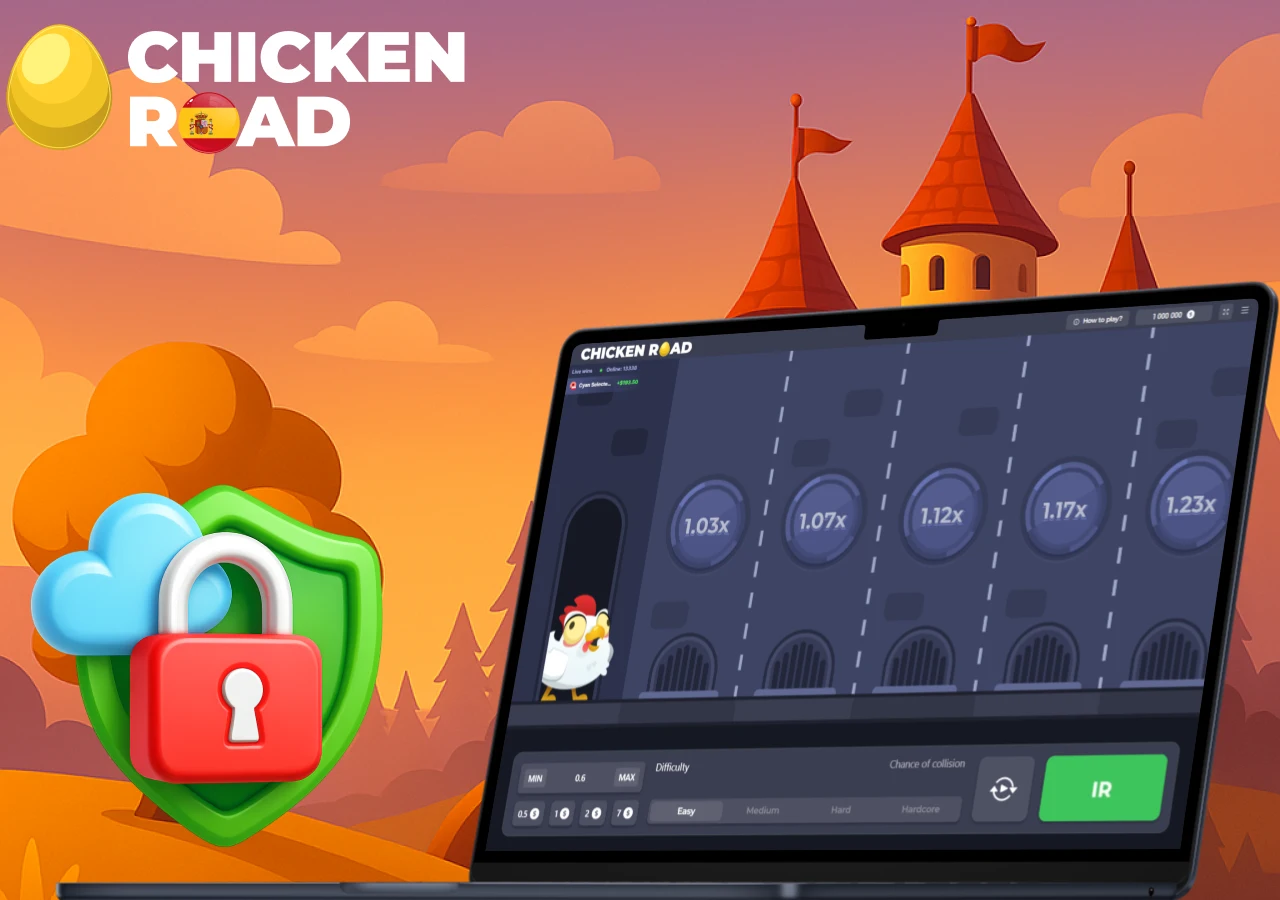 Computadora con juego Chicken Road y candado rojo sobre escudo verde simbolizando seguridad y protección